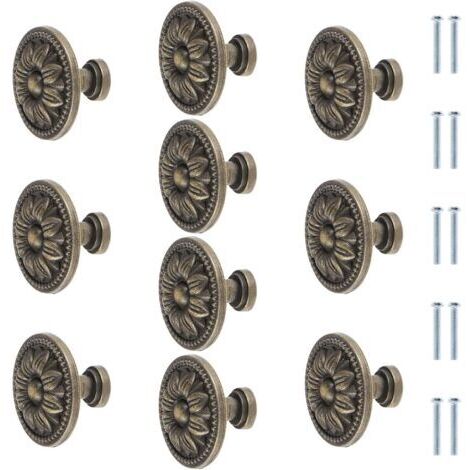 Sollbry Lot de 10 boutons de meuble ronds en bronze antique avec fleurs - 35 mm - Vintage - Pour tiroir de placard de cuisine - Poignée de tiroir en bronze