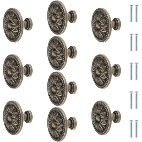 Sollbry Lot de 10 boutons de meubles ronds en bronze antique à motif floral, 35 mm, poignées de tiroir de style vintage pour meubles de cuisine, couleur marron