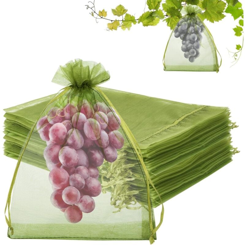 Lot de 100 sacs de protection pour fruits, 20 x 30 sacs en filet pour arbres fruitiers, sacs de couverture en filet vert avec cordon de serrage,