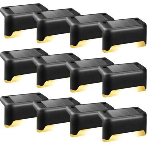 Sollbry Lot de 12 lampes solaires pour extérieur, escaliers, lumières LED étanches pour escaliers extérieurs, marches, clôture, cour, terrasse, gouttière, allée, décoration (noir, blanc chaud)