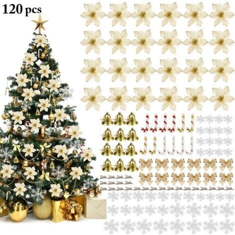 Sollbry Lot de 120 décorations de sapin de Noël avec poinsettia pailleté, décorations (dorées), 24 x fleurs de sapin de Noël, 36 x flocons de neige, 12 x nœuds, 12 x cloches, 12 x petites cannes, 24 x