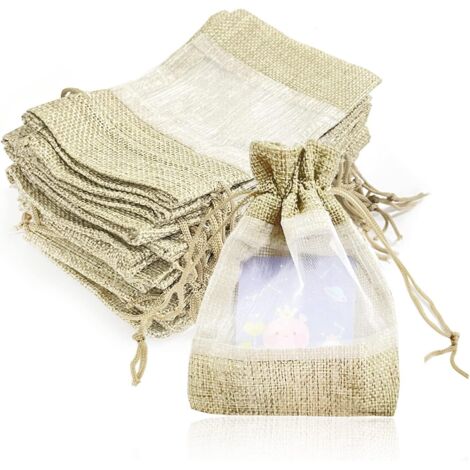 Sollbry Lot de 16 sacs en organza cousus en toile de jute, sacs cadeaux en organza avec cordons de serrage, sacs à bijoux, réutilisables, sacs à friandises pour ornements, bonbons, friandises