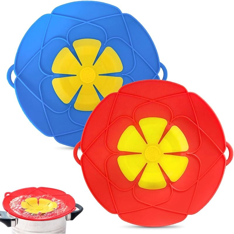 Lot de 2 bouchons anti-déversement en silicone pour poêles et casseroles Bleu et rouge - Sollbry
