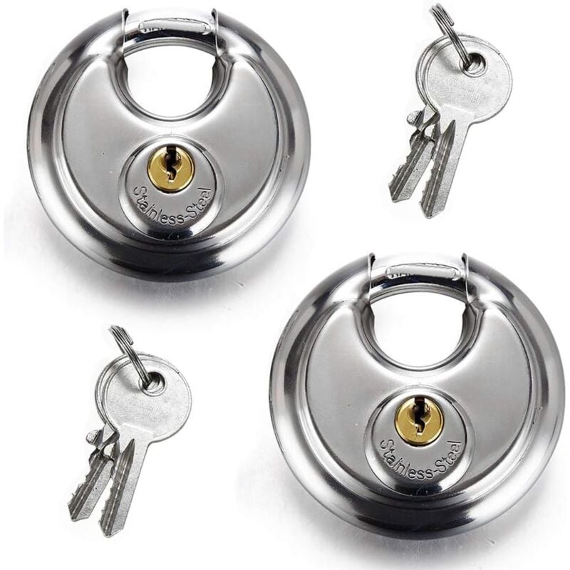 Sollbry - Lot de 2 cadenas à disque rond en acier inoxydable 70 mm Cadenas à disque robuste antirouille Cadenas de rangement et boîte à outils,