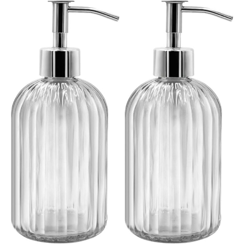 Lot de 2 Distributeur de Savon en Verre, 400 ml Distributeurs de Savon Liquide avec Pompe, Rechargeables Distributeurs de Lotion et de Savon pour