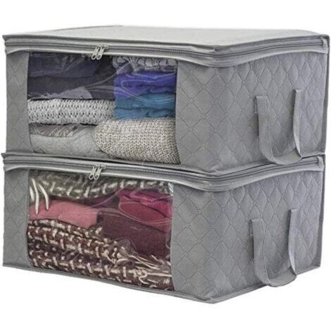 Sollbry Lot de 2 sacs de rangement pour vêtements, sacs de rangement pour couettes et oreillers, organiseur de vêtements réutilisable, pliable (gris)