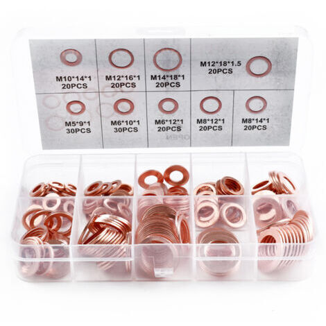 Sollbry Lot de 200 rondelles en cuivre assorties, 9 tailles, kit de rondelles plates en métal pour vis et boulons, joint plat en cuivre – M5, M6, M8, M10, M12, M14