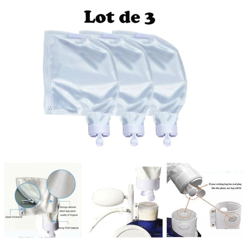 Lot de 3 Sacs à Limon adaptables pour Polaris 280 480 Robot Nettoyeur Piscine. Lot de 2 Sacs filtres Nylon renforcés à Fermeture éclair Zip K13