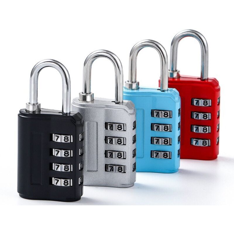 Lot de 4 Cadenas Code 4 Chiffres, Cadenas Valise Avion Petit Cadenas a Code College Métal pour Casier Bagage Gym (Argent Noir Bleu Rouge) - Sollbry