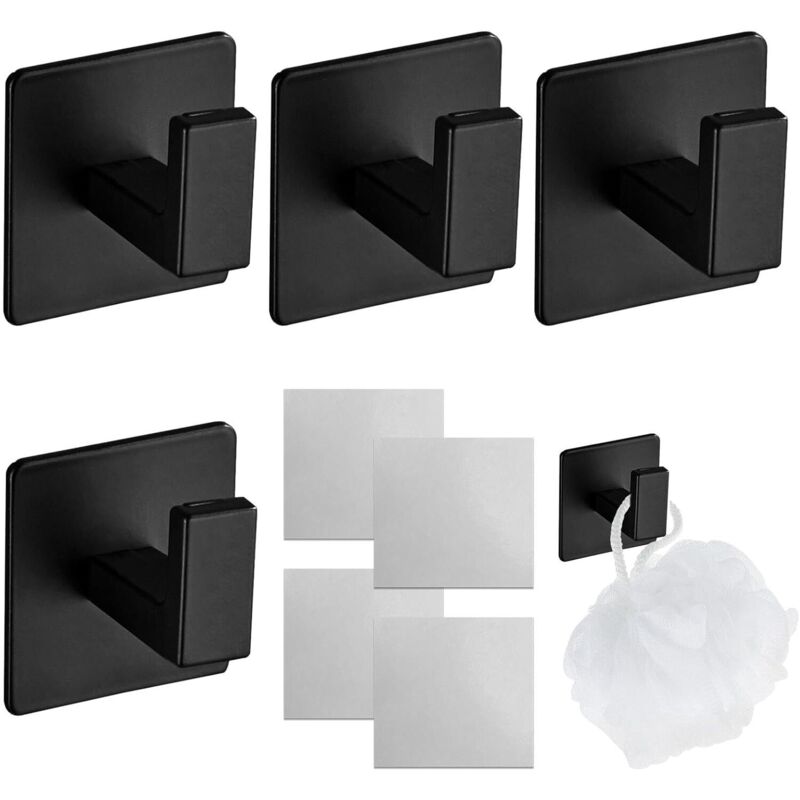 Lot de 4 crochets porte-serviettes auto-adhésifs sans perçage pour salle de bain, cuisine, chambre, garage, hôtel, armoire, crochet noir - Sollbry