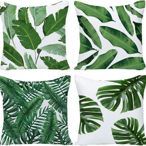 Sollbry Lot de 4 Housse de Coussin 45 x 45 cm Feuilles Tropical Vert Polyester Lin Décoratif Taie d'oreiller pour Canapé Lits Chaises Voiture Salon Maison Décor