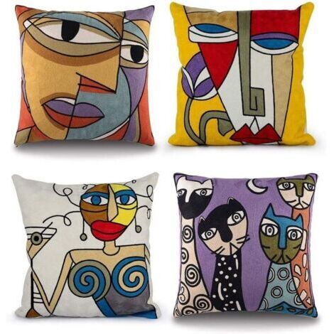 Sollbry Lot de 4 Housse de Coussin Picasso 45x45cm Vintage Motif Abstrait Impression Housses de Coussin décoratives en Peluche pour canapés Modernes Chambre bureau-45 x 45 cm