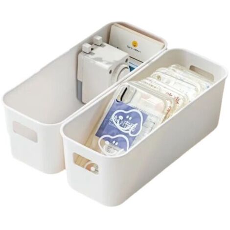 Sollbry Lot de 4 petites boîtes de rangement empilables en plastique blanc sans couvercle avec poignées pour bureau, cuisine, salle de bain, armoire