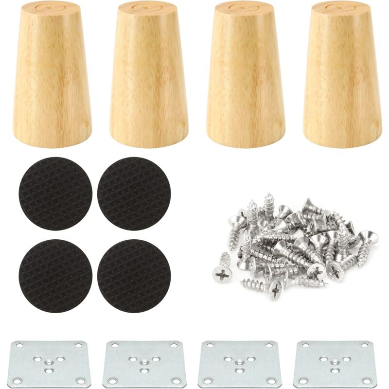 Sollbry - Lot de 4 Pieds de Meuble Bois 8cm, Pied Canape Bois Droit, Pied de Lit en Bois avec Tapis Antidérapant, Pied D'armoire en Bois pour Canapé