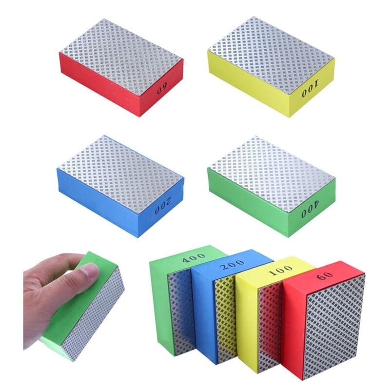 Lot de 4 tampons de polissage diamant à la main, blocs de ponçage pour pierre, céramique, carrelage, verre, 4 niveaux de grossièreté – 60 100 200 400