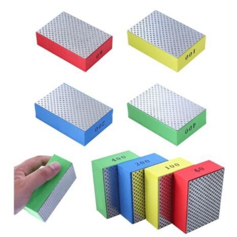 Sollbry Lot de 4 tampons de polissage diamant à la main, blocs de ponçage pour pierre, céramique, carrelage, verre, 4 niveaux de grossièreté – 60 100 200 400 (côté argenté)