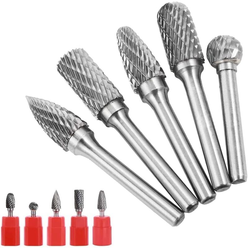 Lot de 5 fraises en carbure de tungstène 6 x 8 mm Outil rotatif Fraise métal avec tige 6 mm Rotary Fichier Fraises rotatives à double coupe pour