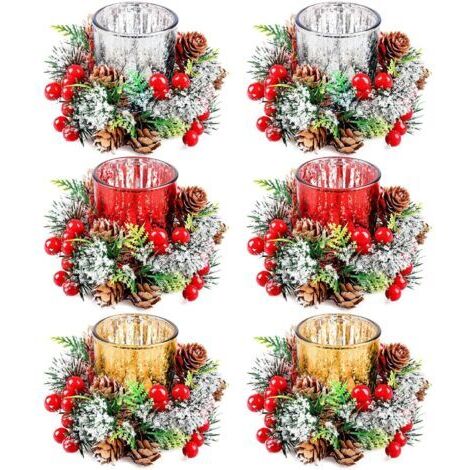 Sollbry Lot De 6 Bougeoirs De Noël avec Couronnes, Bougeoir en Verre, Porte-Bougies De Noël, Couronnes De Bougies De Noël, Anneaux De Bougie De Noël avec Anneaux Baies Rouges Et Pommes De Pin, pour Ma
