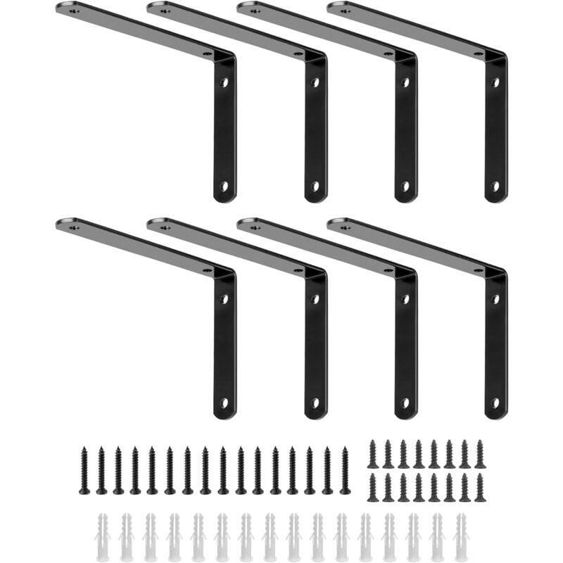 Lot de 8 Équerres Étagère Murale, Supports d'Angle en Fer Solide avec Vis, 10x15 cm Noir - Sollbry