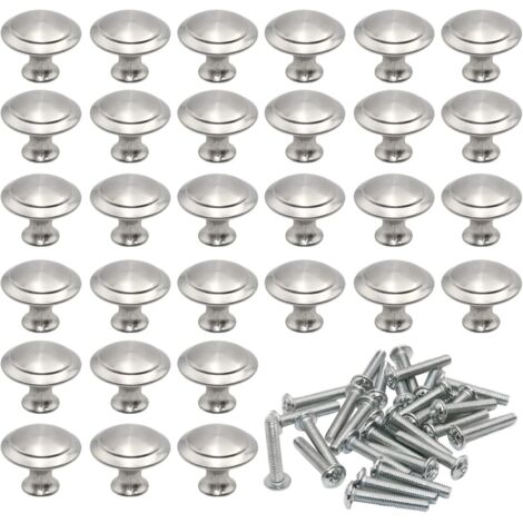 Sollbry Manijas redondas de puerta de 27 mm, 30 unidades, de acero inoxidable cepillado con forma de hongo, para cajones, cocinas, armarios y muebles, color plateado, con 30 tornillos.