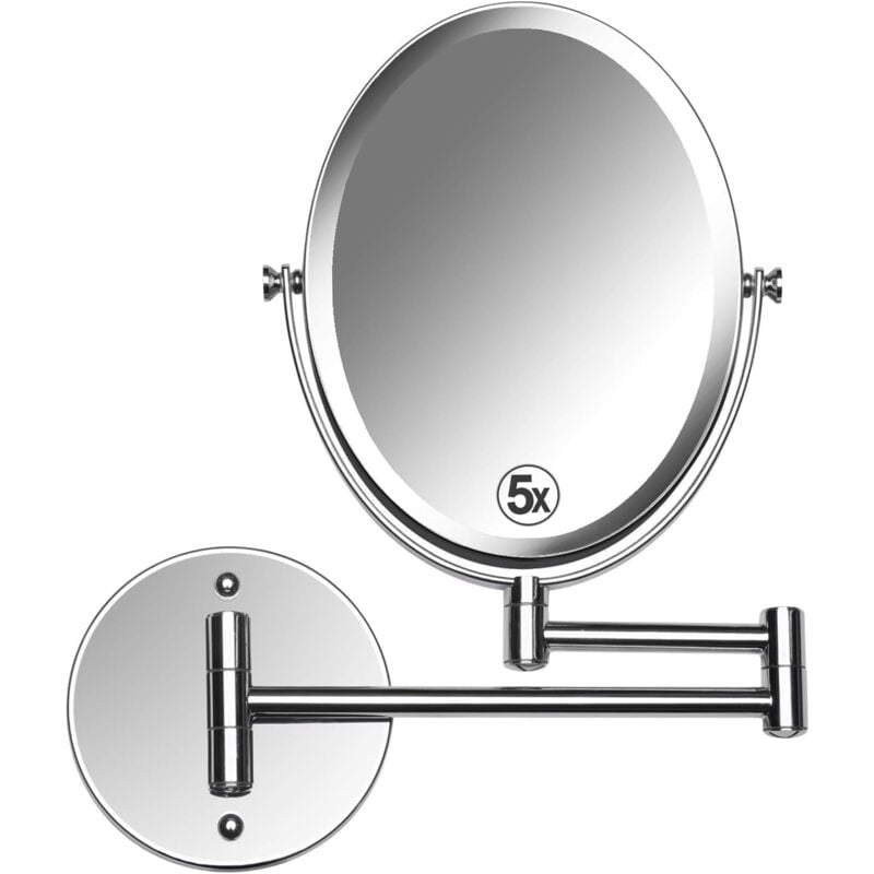 Miroir de salle de bain mural pour maquillage et rasage, grossissement double face 5X et 1X, bras pivotant extensible de 7 pouces, surface en verre