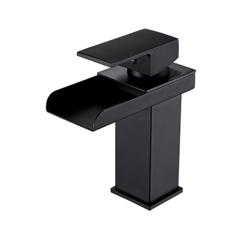 Moderne Noir Robinet de Salle de Bain en Laiton, Mitigeur Lavabo Cascade, Robinet Lavabo avec Bec Hauteur 200mm, Eau Froide & Chaude Disponible