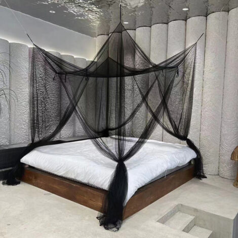 Sollbry Mosquitera para dosel de cama, cortinas de 4 esquinas, elegante dosel de cama, gancho y cuerda profesionales para mosquitera, cortinas para cama matrimonial/queen/king, color negro, 210 x 240 
