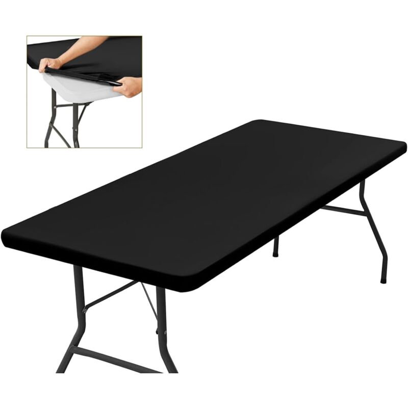 Nappe Rectangulaire de Table Ajustée Noire 182x76, Extensible, avec Élastique, Lavable en Machine, Repelente au l'eau et Idéale pour Jardin,