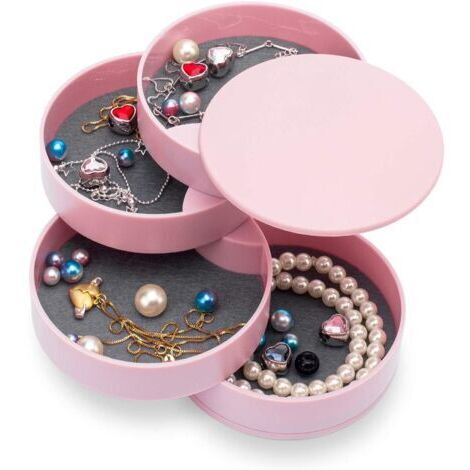 Sollbry Organisateur de Bijoux, Petite Boîte à Bijoux Pour Femme, Boîte de Rangement à Bijoux Rotative à 4 Couches, Plateau de Rangement Avec Couvercle Pour Bagues et Bracelets (Rose)