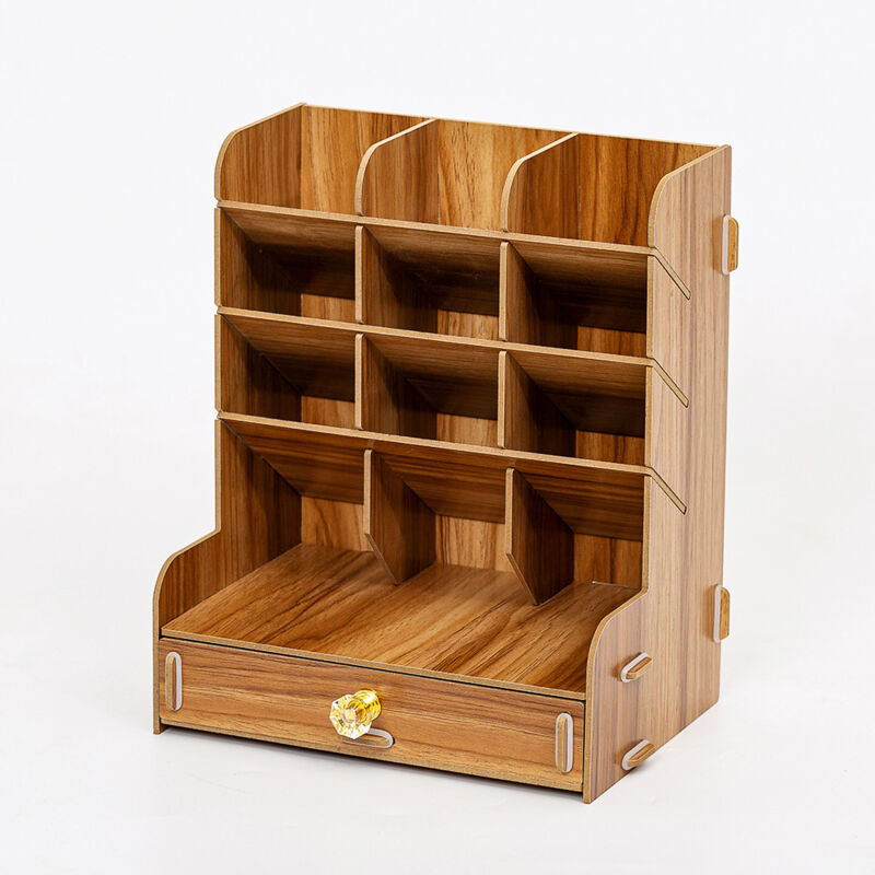Organiseur de bureau en bois avec compartiments et tiroir, rangement durable et vernis brillant pour papeterie et objets personnels, efficace pour