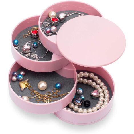 Sollbry Organizador de joyas, joyero pequeño para mujer, joyero giratorio de 4 capas, bandeja con tapa para anillos y pulseras (rosa)