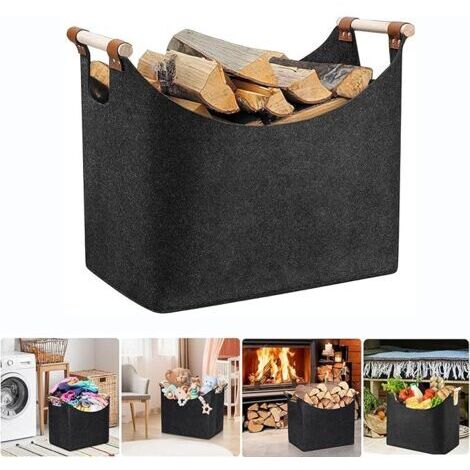 Sollbry Panier à bois de chauffage en feutre avec poignée en bois, sac extra épais pour cheminée intérieure et extérieure, panier pliable en feutre pour bois, journaux, bois de chauffage ou shopping