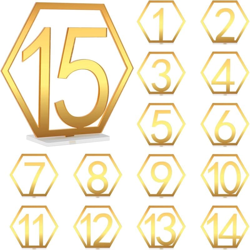 Sollbry - Panneaux en Acrylique or, 15 pièces Numéros de Table de Mariage avec Support, n ° 1-15, Cartes de Place en Acrylique, panneaux de table en