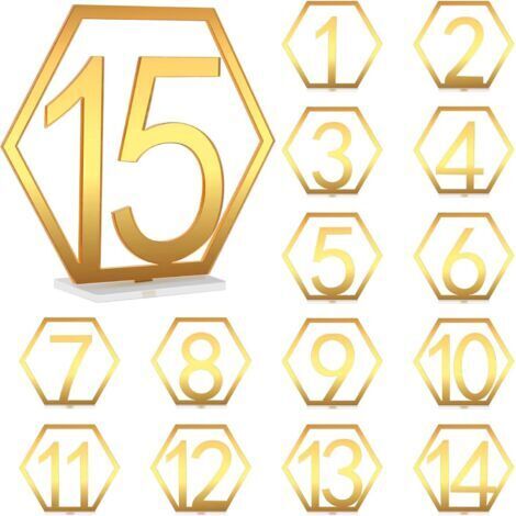 Sollbry Panneaux en Acrylique or, 15 pièces Numéros de Table de Mariage avec Support, N ° 1-15, Cartes de Place en Acrylique, panneaux de table en acrylique, pour Mariage, dîner
