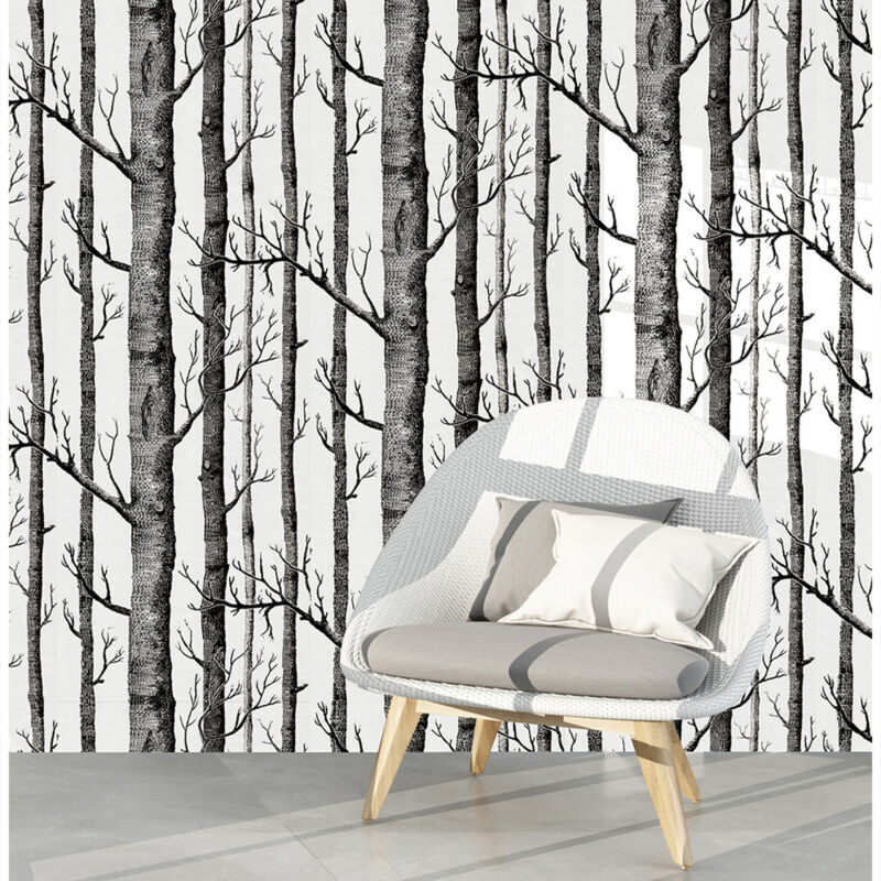 Papier peint 3d bouleau simple bois noir et blanc tissu non tissé imitation bois papier peint tv graphique 45x600CM - Sollbry