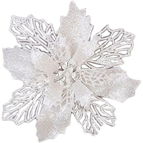 Sollbry Paquete de 10 flores artificiales de Pascua con purpurina de 6,3 pulgadas, flores blancas artificiales de Navidad, flores para árbol de Navidad, corona y adornos de árbol.