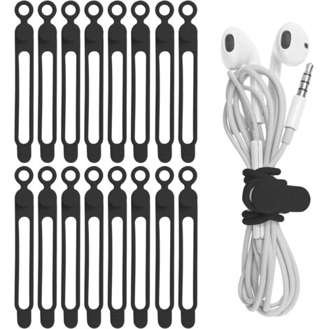 Sollbry Paquete de 16 bridas de silicona para cables de auriculares, cargadores de teléfono y ordenador. Bridas reutilizables para el hogar, la oficina, la cocina y la escuela (negras).