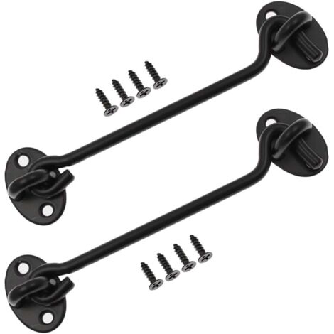 Sollbry Paquete de 2 pestillos de puerta de 15 cm, con gancho y anilla de 15 cm, cerradura fácil de cerrar para puerta de granero, cerradura negra para puerta corrediza con tornillos para ventana y ga