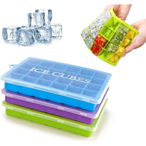 Sollbry Paquete de 3 bandejas de silicona para cubitos de hielo con tapa, reutilizables, transparentes, para refrigerador, moldes pequeños para agua, para comida y bebidas de bebé, verde, azul y morad