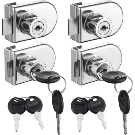 Sollbry Paquete de 4 cerraduras de seguridad para vitrinas de doble apertura, aptas para puertas de vidrio de 0,5 a 0,8 cm, llave independiente sin taladrar, aleación de zinc con 8 llaves.