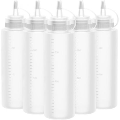 Sollbry Paquete de 5 botellas de plástico para salsa de 250 ml con tapa, dispensador de kétchup y tapas antifugas.