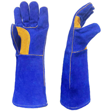 Sollbry Par de guantes de soldadura de piel de vaca de 40 cm, resistentes al fuego y al calor, de manga larga, para barbacoa, chimenea, horno, cocina y jardinería.