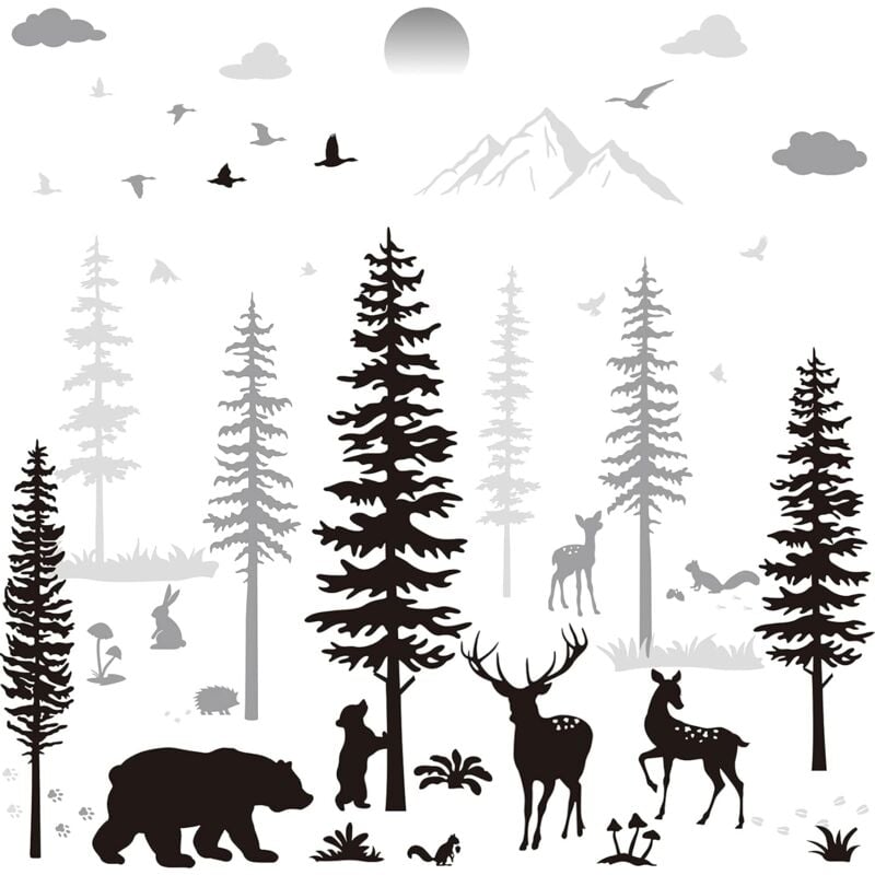 Sollbry - Pépinière Stickers Muraux Cerfs De La Forêt Stickers Muraux Ours Pin Arbre Stickers Muraux Art Mural Papier Peint pour diy Chambre