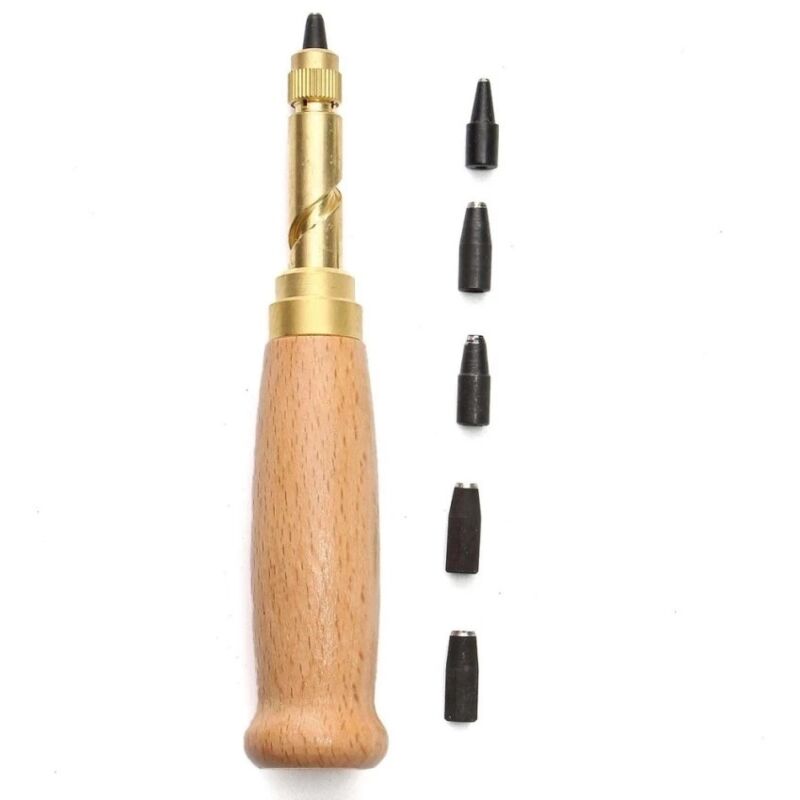 Sollbry - Perforadora automática para cuero, perforadora de tornillo ajustable, perforadora automática para cinturón, 5 tamaños de punta: 1,5 mm, 2