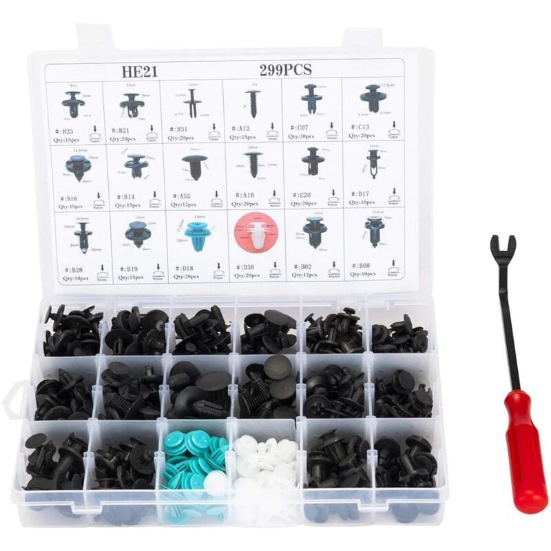 Sollbry - Pièces de voiture, ensemble de 299 clips de fixation en nylon et plastique pour voiture, 18 tailles, avec rivet poussoir et outil de