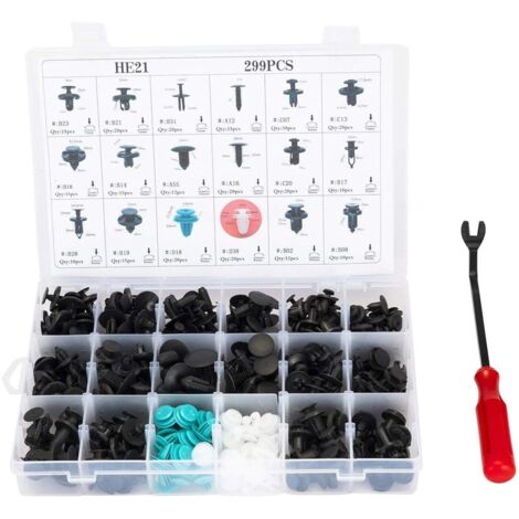 Sollbry Piezas de automóvil, juego de 299 clips de sujeción de plástico y nailon para automóvil, 18 tamaños, con remache de empuje y herramienta de carga, para parachoques, guardabarros, clips.