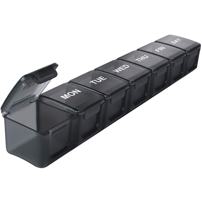 Pilulier noir de qualité supérieure - Sans bpa - Boîtes de voyage pour tablettes - Grands compartiments faciles à ouvrir - Design unique à ressort