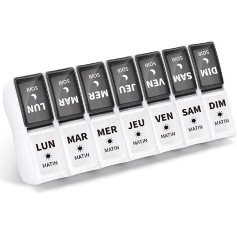 Pilulier Semainier Français Matin et Soir, Petits Pilluliers Amovibles 7 Jours 14 Compartiments Pilulier Hebdomadaire 2 Fois - Noir Blanc - Sollbry