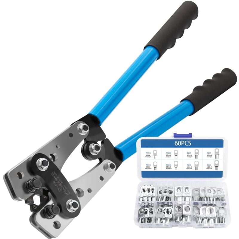 Pince à Sertir avec 60 Pièce Cosses Outils de sertissage Pinces D'électricien Cosse de Câble de Batterie pour Sertir Des Câbles de 6-50mm² - Sollbry