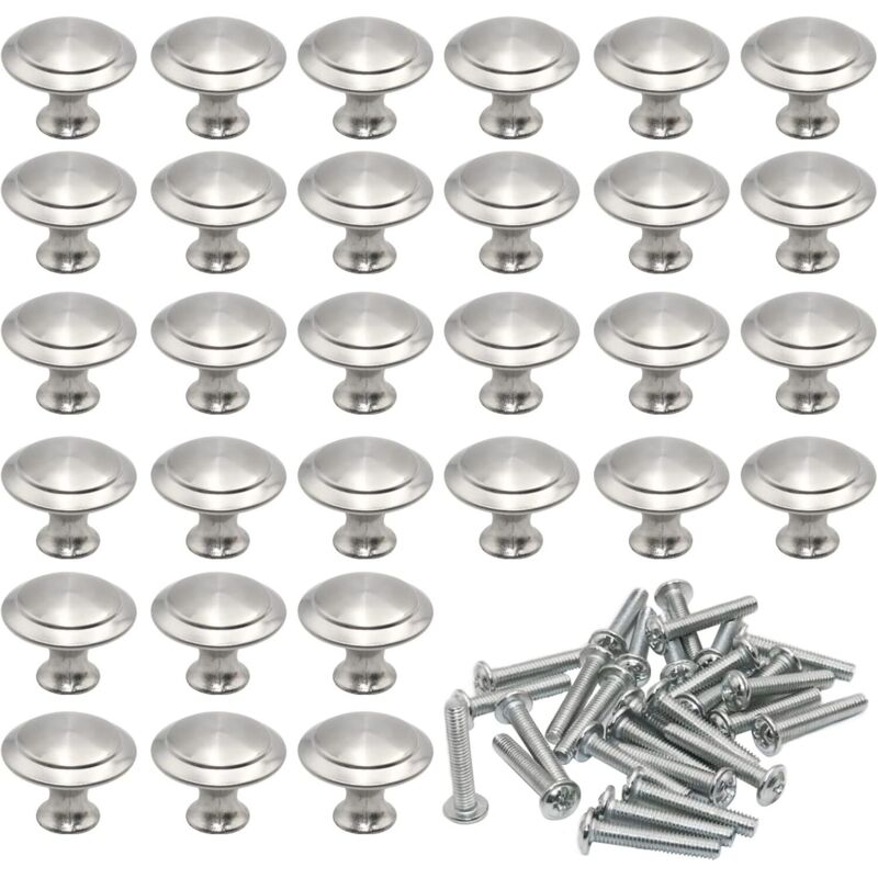 Poignées de Porte Rondes 27 mm 30 Pièces Poignée Tiroir Champignon Forme en Acier Inoxydable Brossé Poignées Rondes de Cuisine en Argent avec 30Pcs